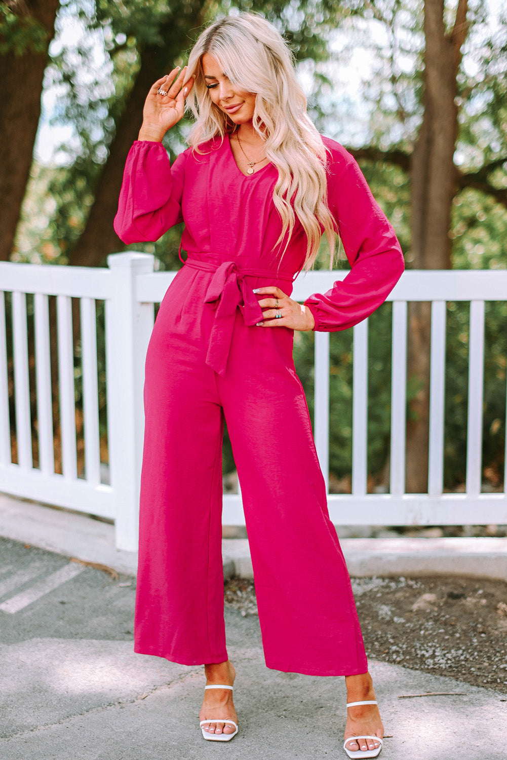 Belted V-Neck Wide Leg Jumpsuit - SHIRLYN.CO