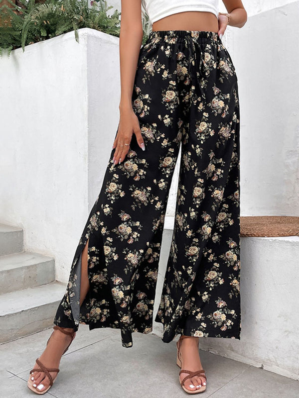 Floral Side Slit Wide Leg Pants - SHIRLYN.CO
