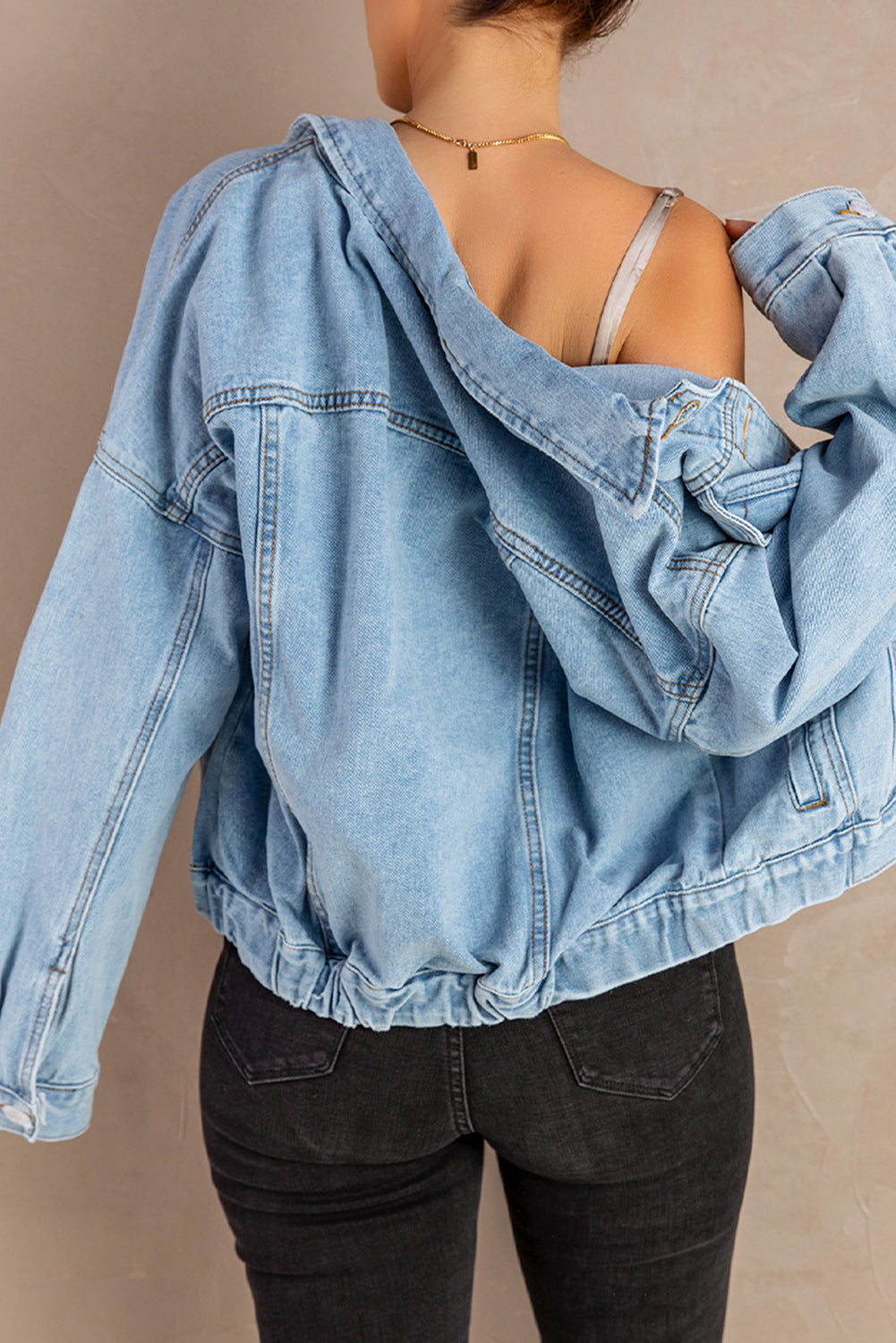 Button Down Dropped Shoulder Denim Jacket - SHIRLYN.CO