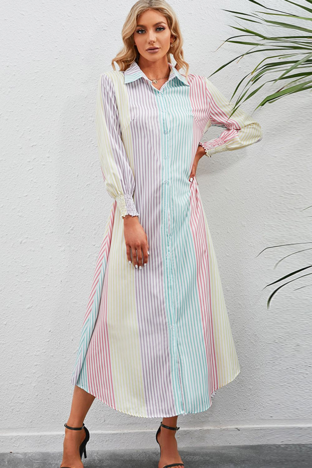 Rainbow Stripe Button-Up Maxi Shirt Dress - SHIRLYN.CO