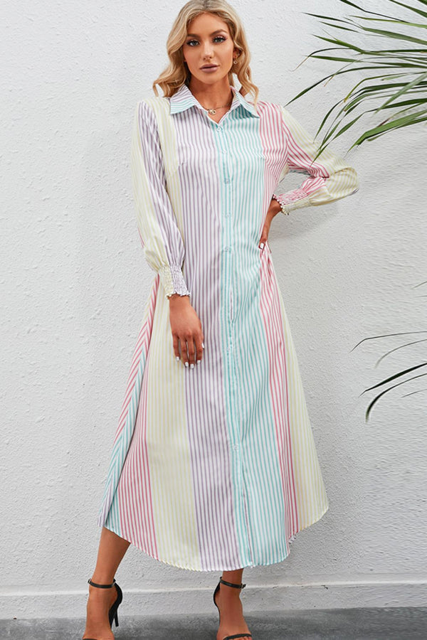 Rainbow Stripe Button-Up Maxi Shirt Dress - SHIRLYN.CO