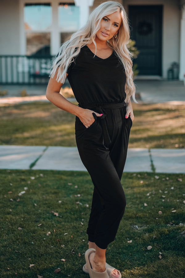 Belted V-Neck Jogger Jumpsuit - SHIRLYN.CO