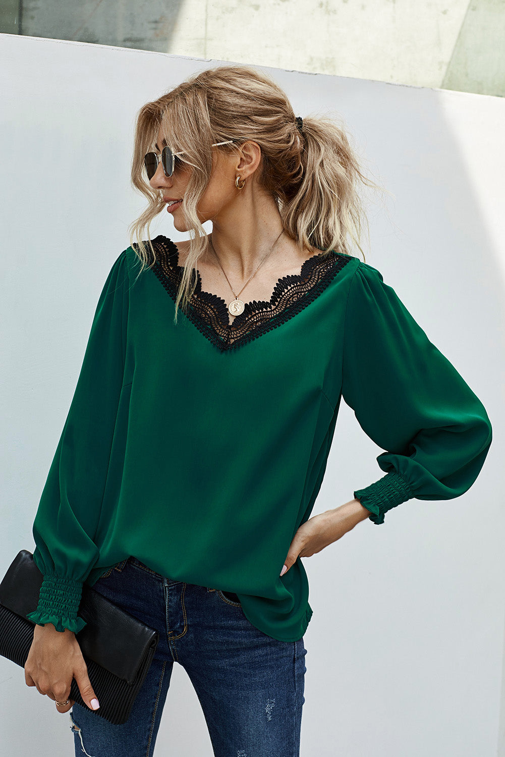 Lace Trim Lantern Sleeve Blouse