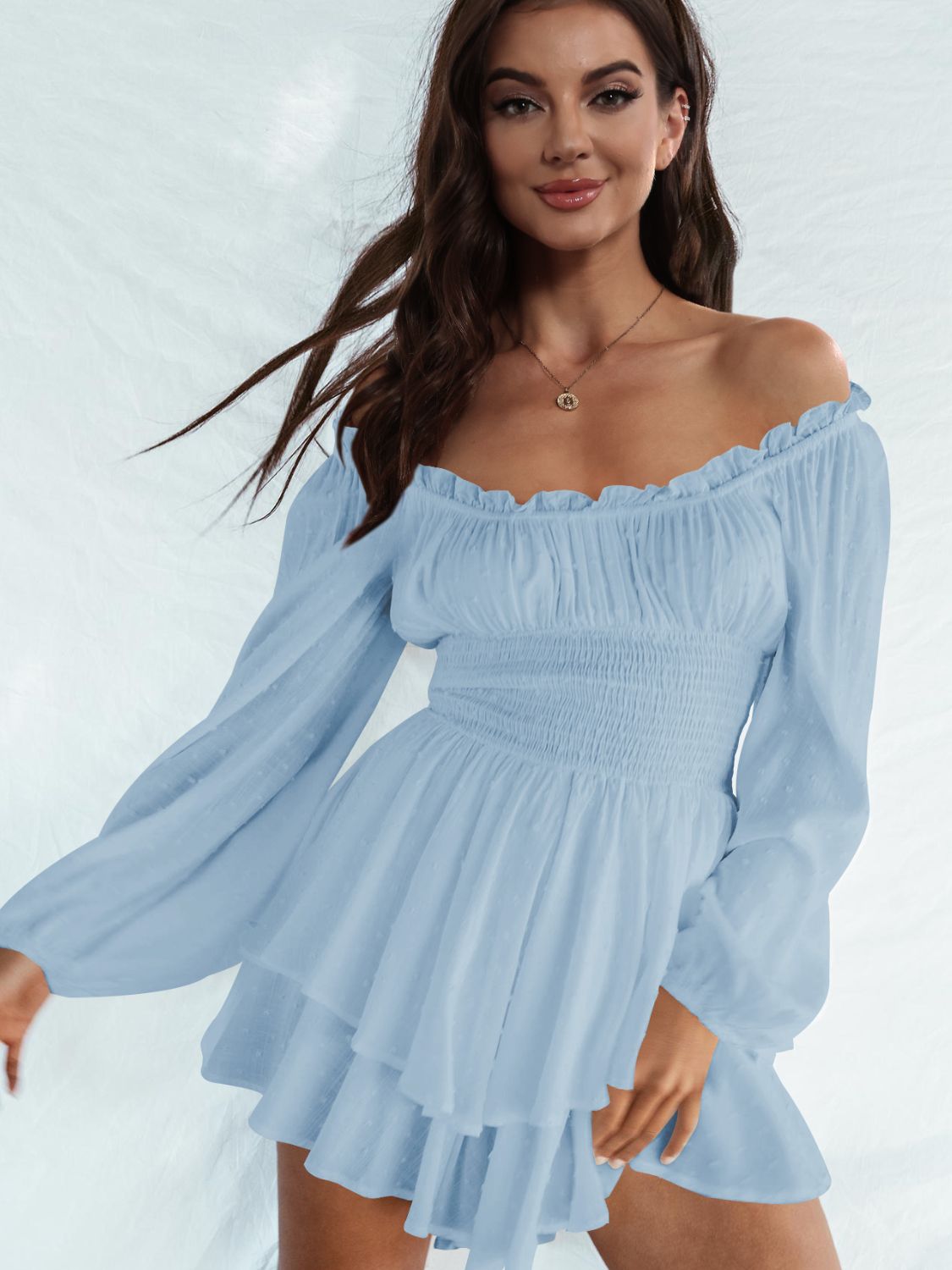 Off Shoulder Smocked Waist Mini Dress