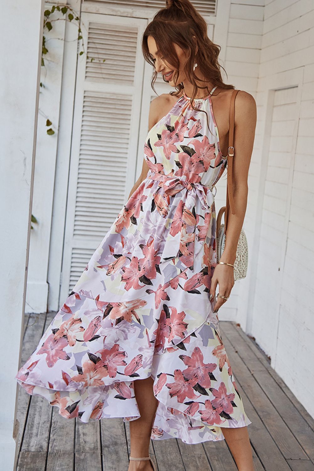 Floral Tie Belt Sleeveless Dress - SHIRLYN.CO