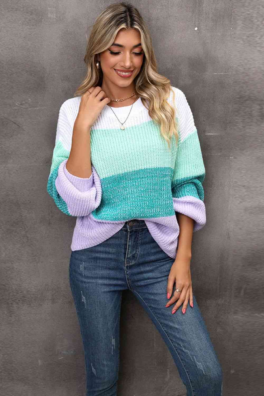 Color Block Round Neck Dropped Shoulder Sweater