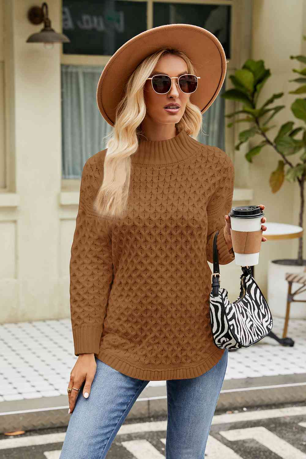 Slit Long Sleeve Mock Neck Sweater