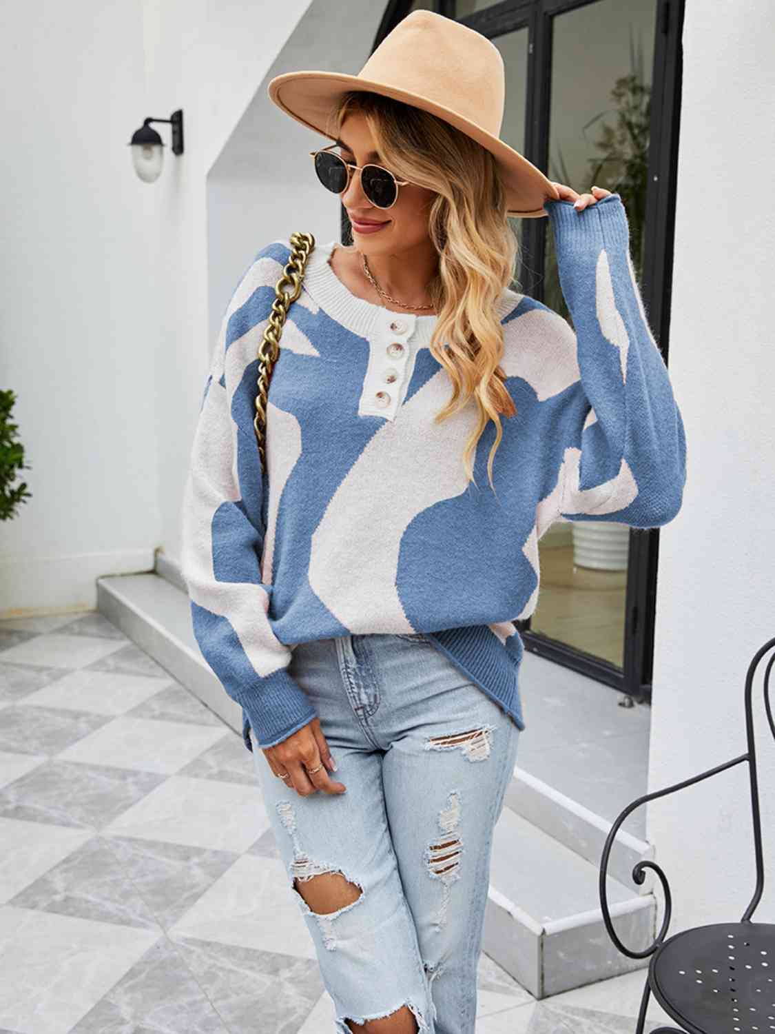 Buttoned Round Neck Drop Shoulder Sweater