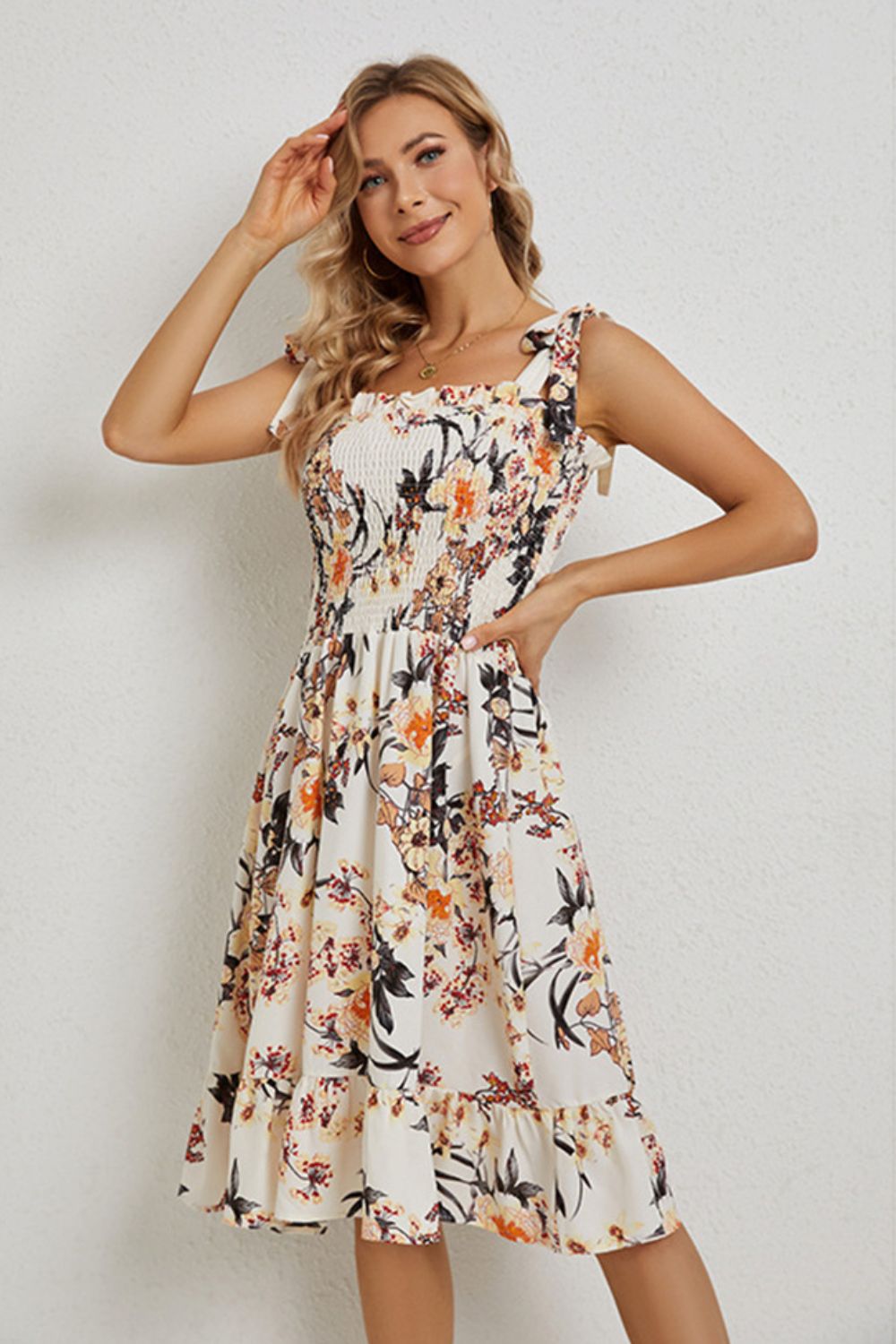 Floral Tie Shoulder Smocked Ruffle Hem Dress - SHIRLYN.CO