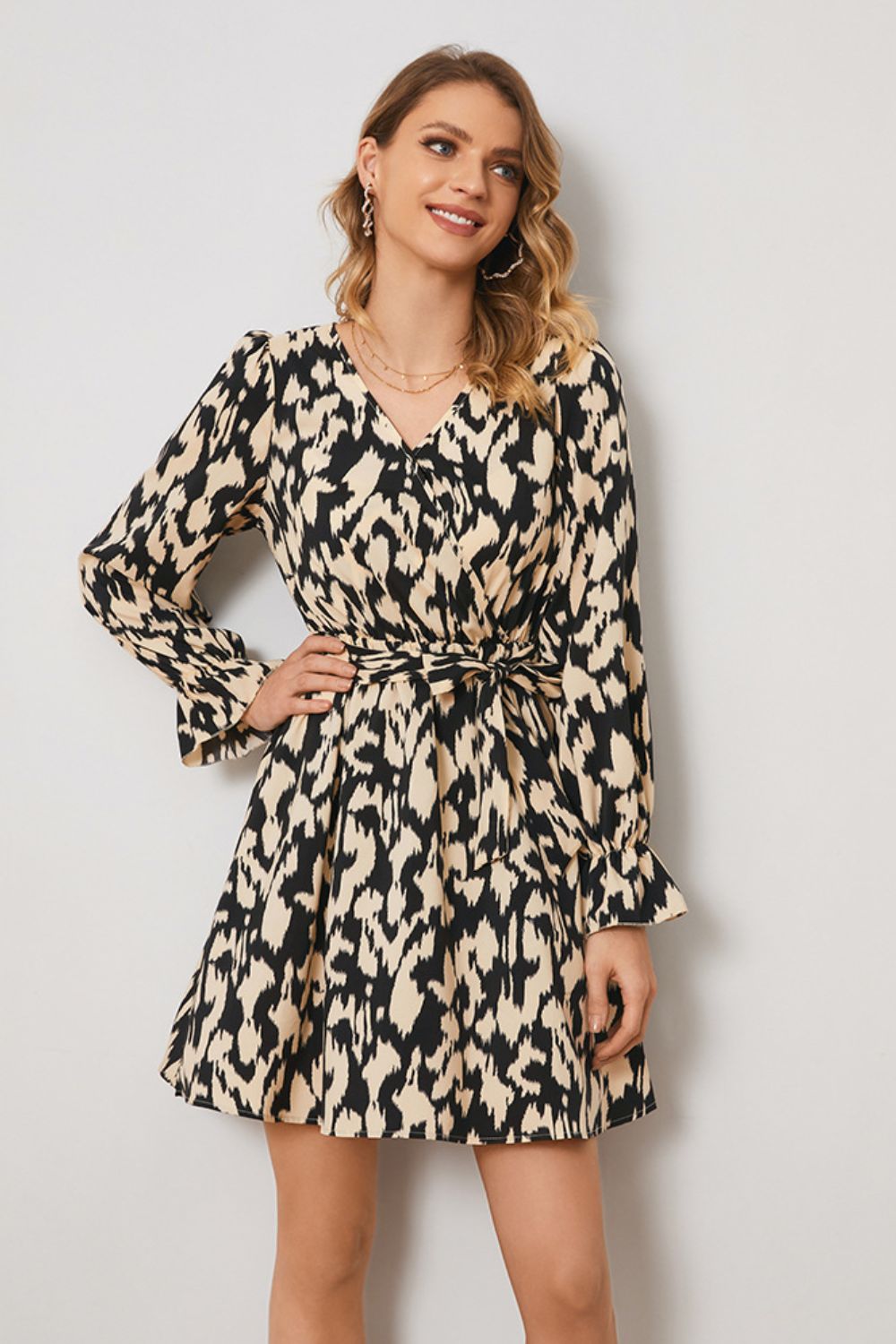 Animal Print Surplice Neck Long Flounce Sleeve Dress - SHIRLYN.CO