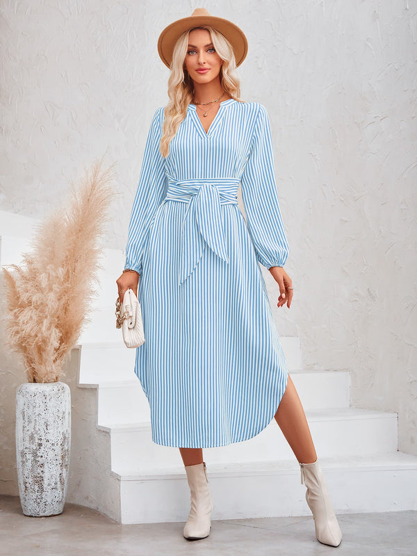 Striped Notched Neck Curved Hem Long Sleeve Dress - SHIRLYN.CO