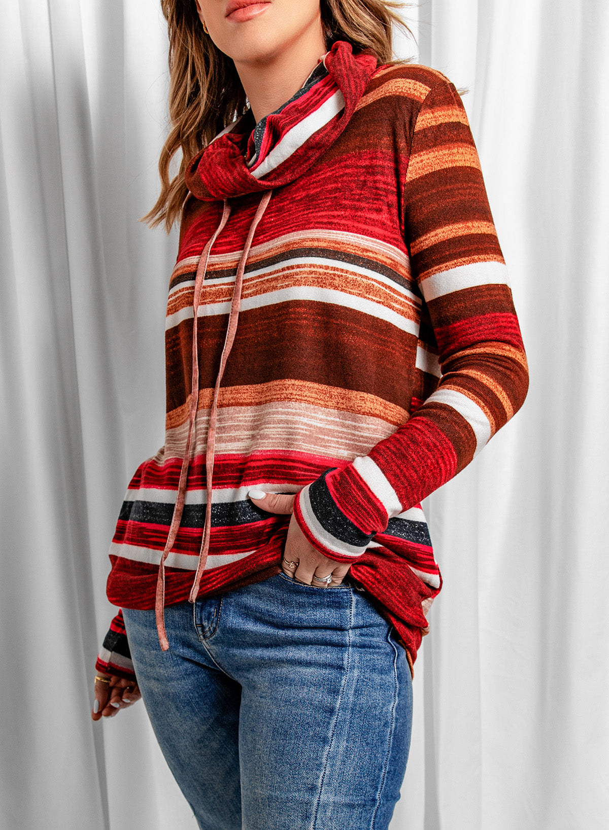 Striped Cowl Neck Tunic Sweatshirt - SHIRLYN.CO