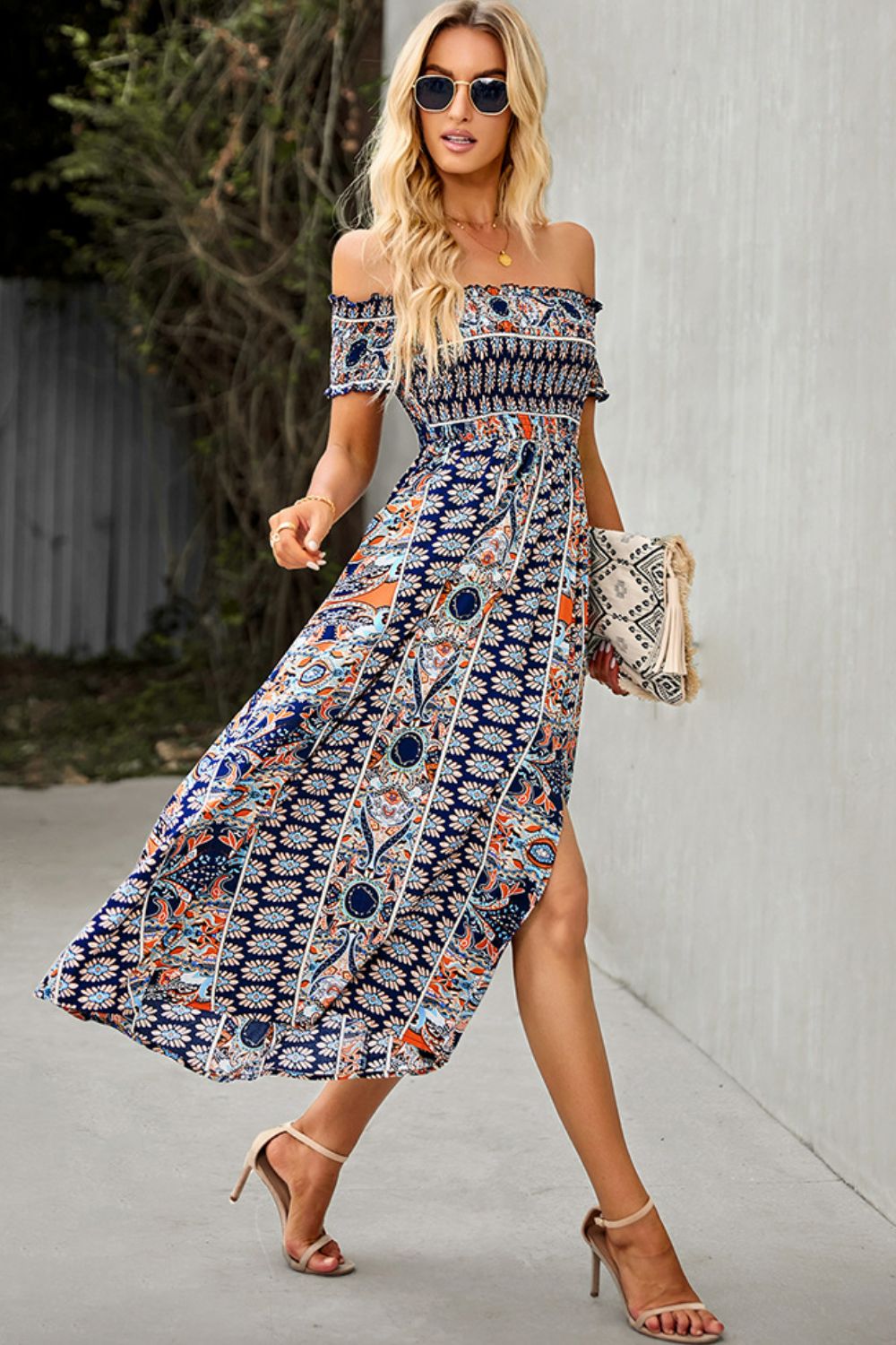 Bohemian Off-Shoulder Frill Trim Split Dress - SHIRLYN.CO