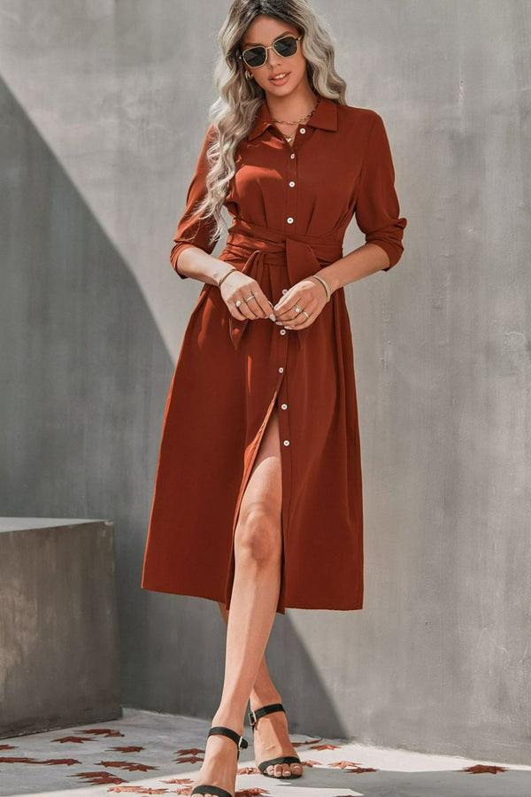 Collared Neck Tie Waist Midi Shirt Dress - SHIRLYN.CO