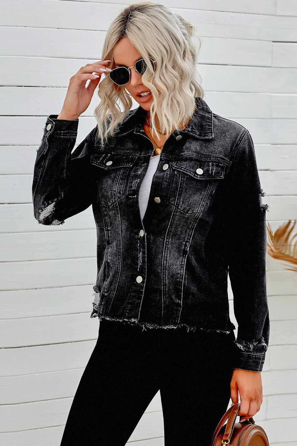 Distressed Raw Hem Denim Jacket - SHIRLYN.CO