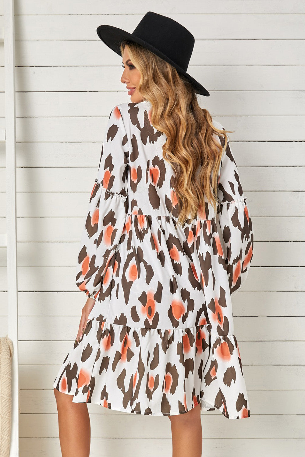 Printed V-Neck Long Sleeve Dress