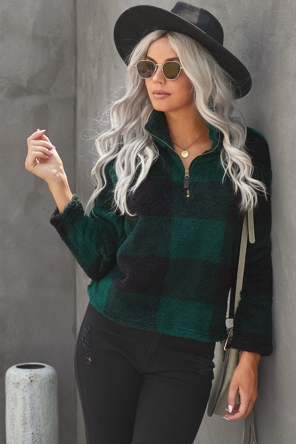 Plaid Zip Collar Plush Pullover Sweatshirt - SHIRLYN.CO