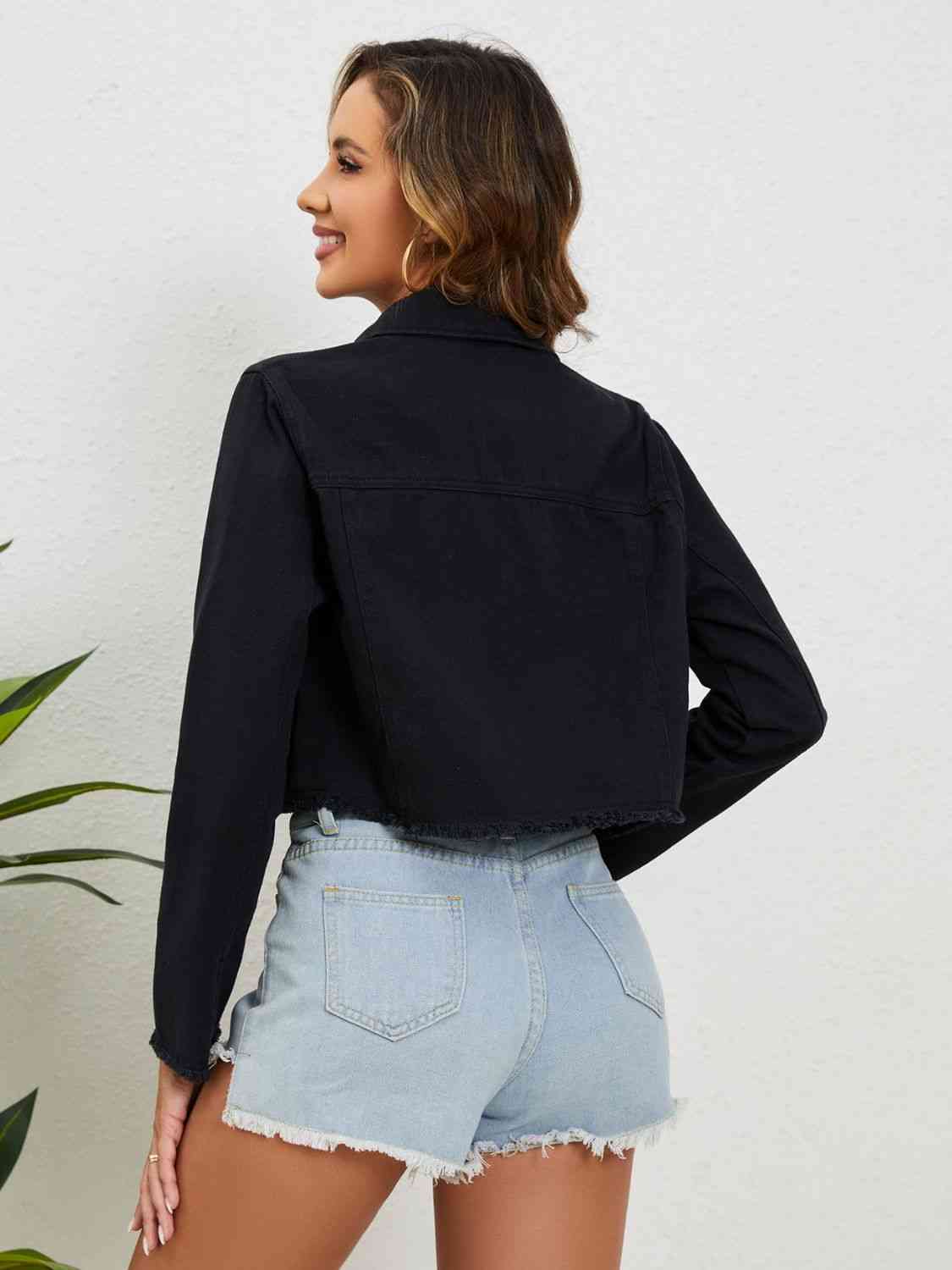 Collared Neck Raw Hem Denim Jacket