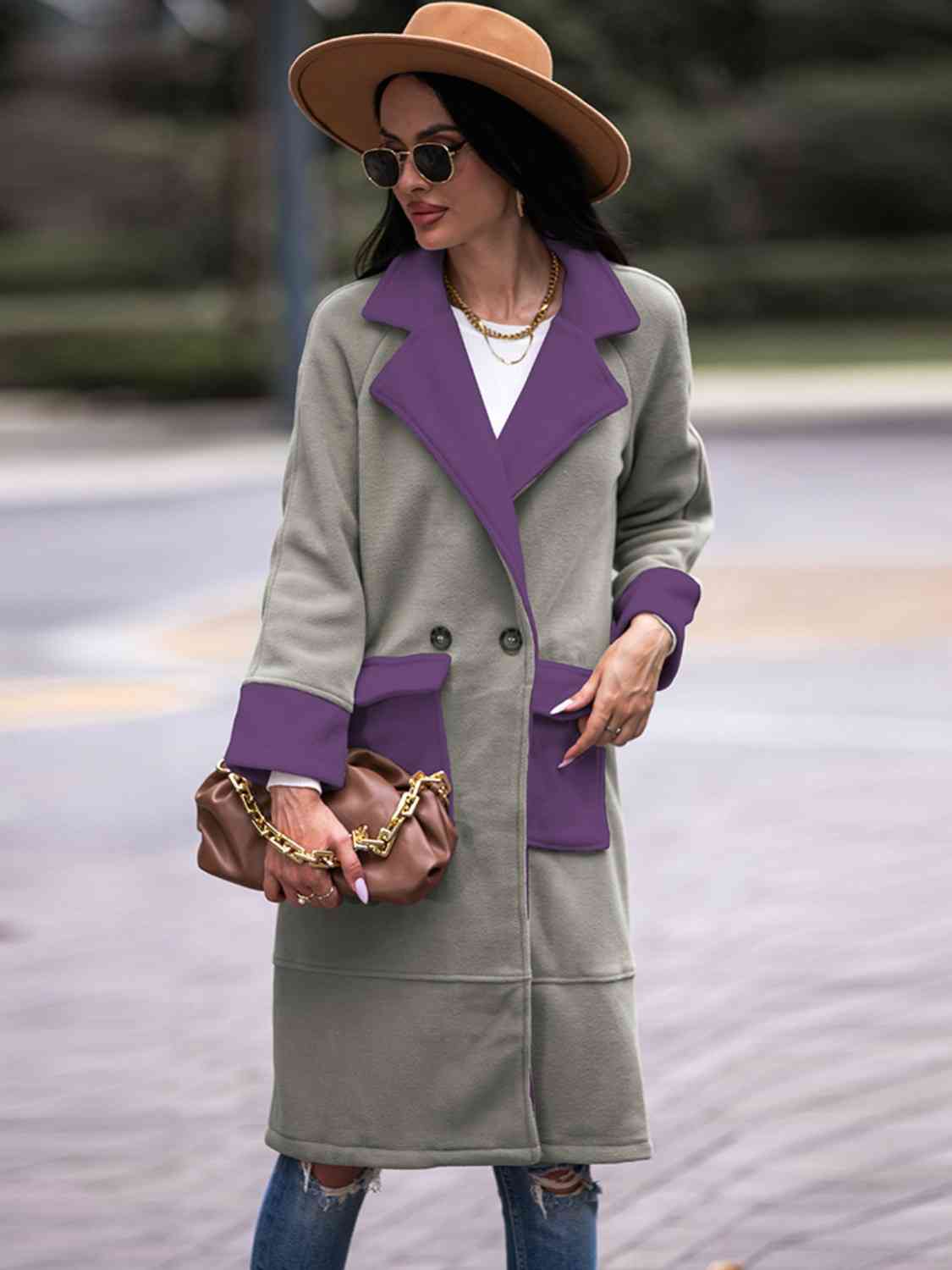 Contrast Lapel Collar Coat with Pockets