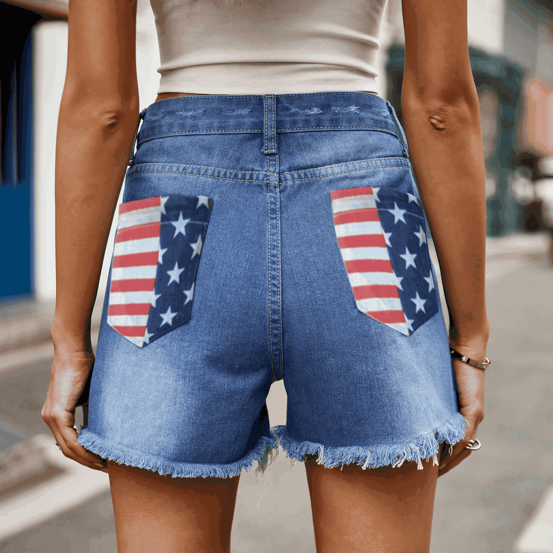 US Flag Distressed Denim Shorts - SHIRLYN.CO