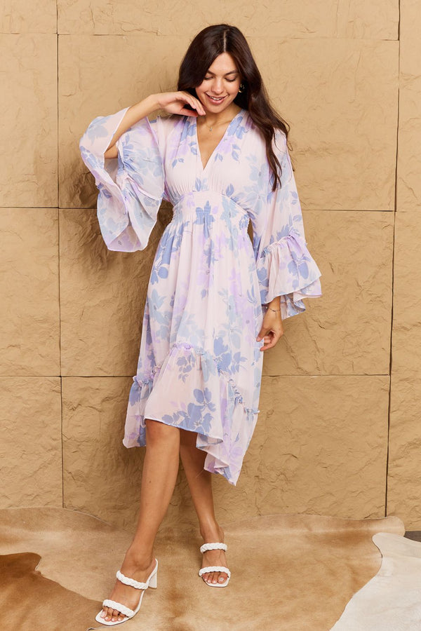 OneTheLand Take Me With You Floral Bell Sleeve Midi Dress in Blue - SHIRLYN.CO