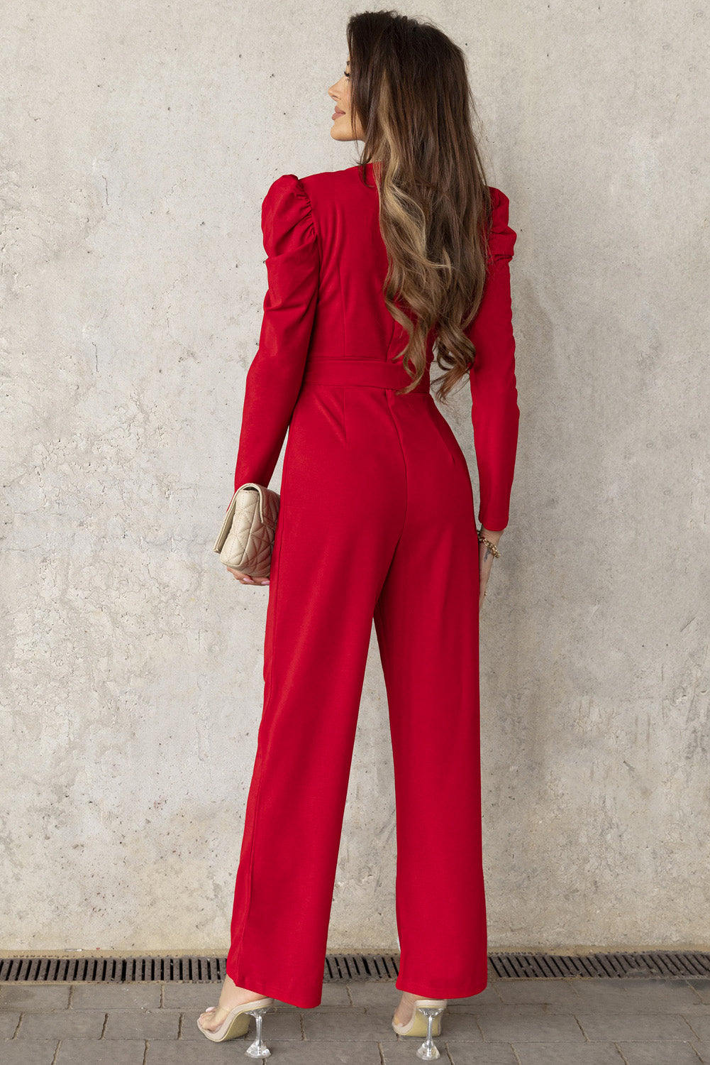 Belted Long Puff Sleeve V-Neck Jumpsuit - SHIRLYN.CO