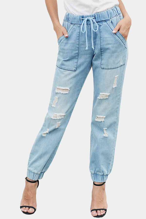 High Waist Elasticated Bottom Distressed Jeans - SHIRLYN.CO