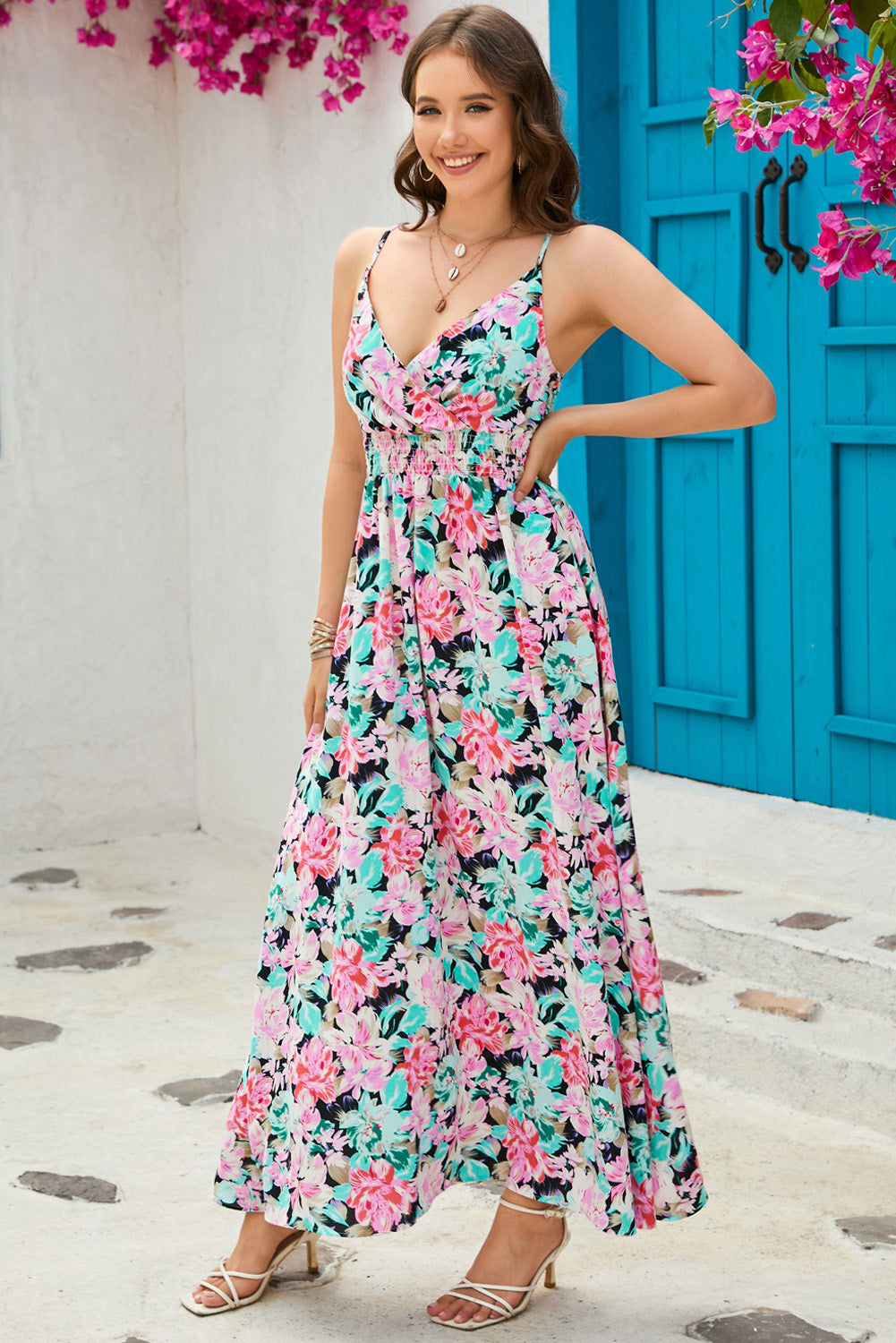 Floral Spaghetti Strap Surplice Neck Maxi Dress - SHIRLYN.CO