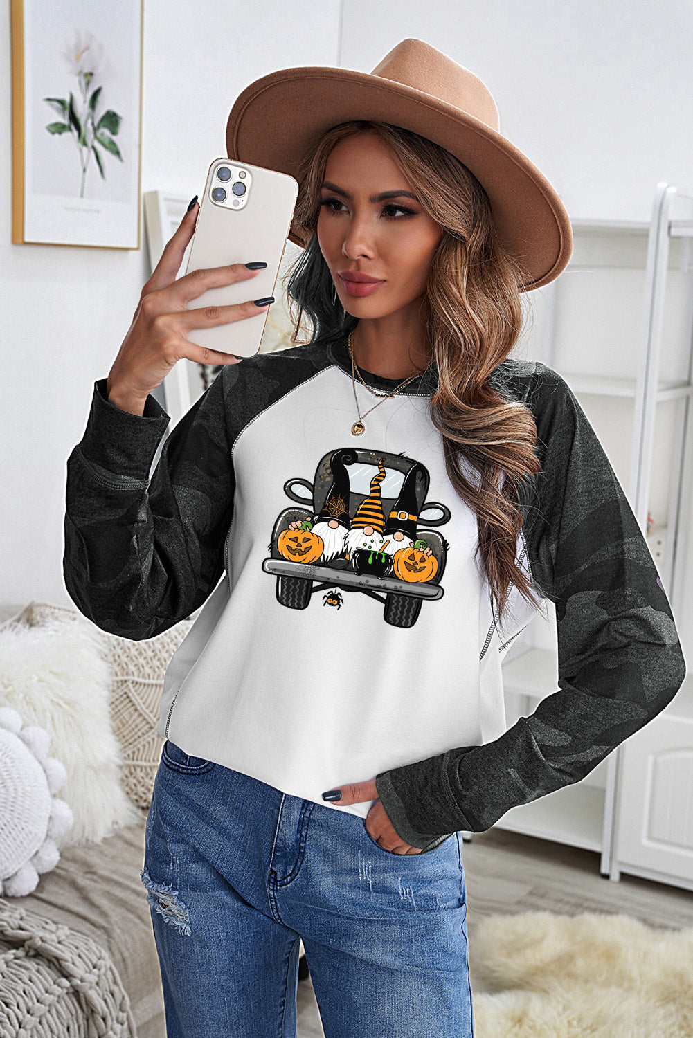 Halloween Car Graphic Camo Raglan Sleeve Sweatshirt - SHIRLYN.CO