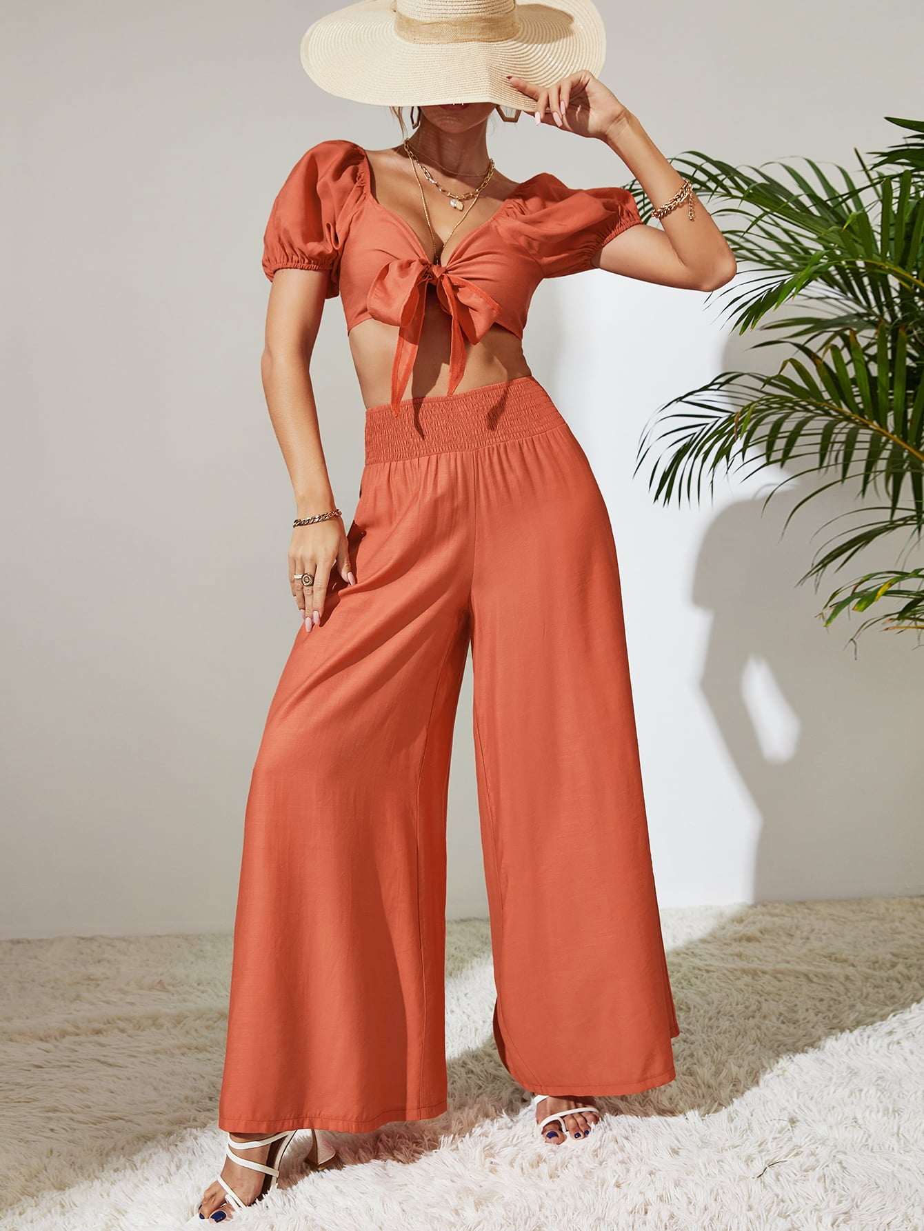 Tie Front Cropped Top and Smocked Wide Leg Pants Set - SHIRLYN.CO