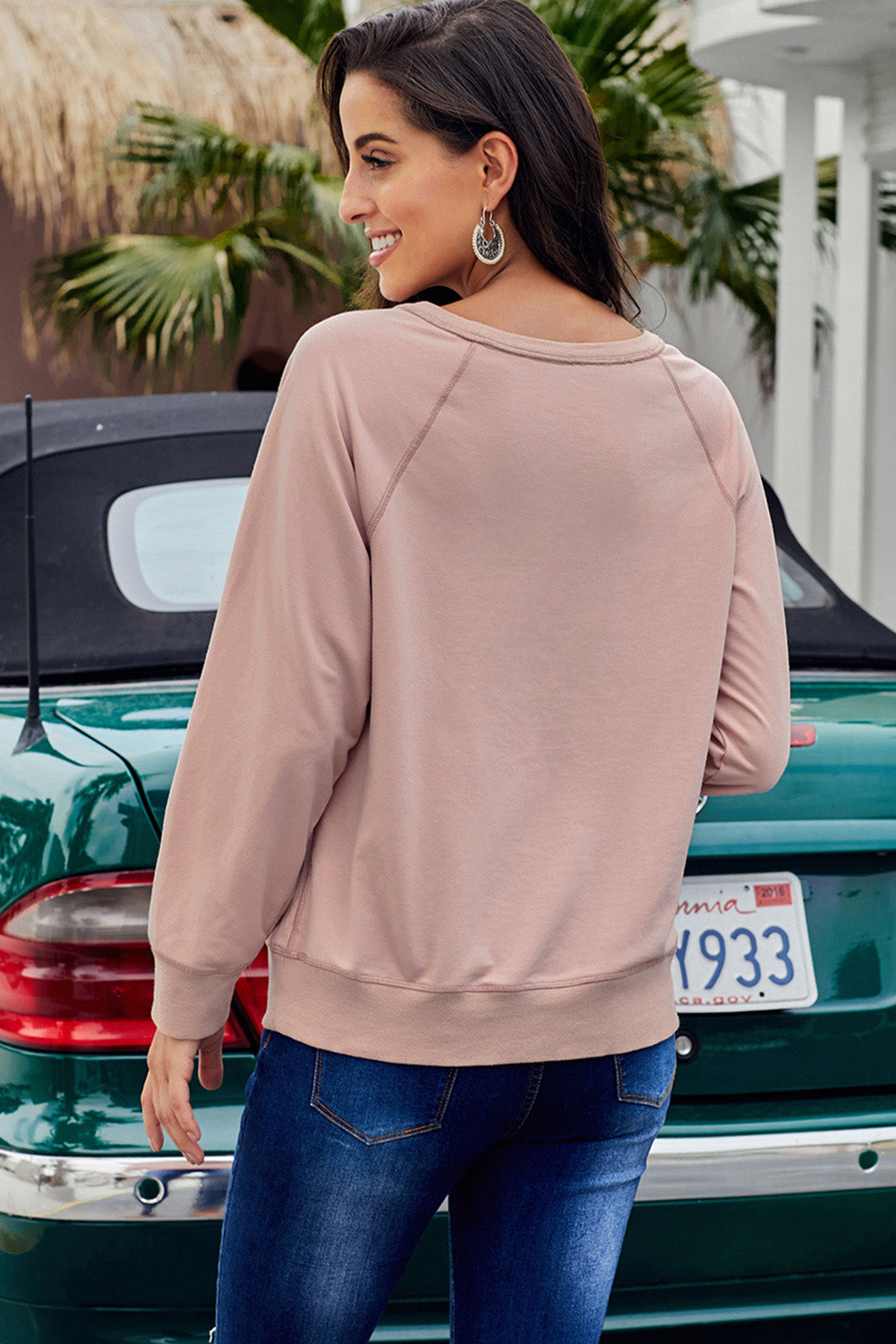 Round Neck Raglan Sleeve Exposed Seam Sweatshirt - SHIRLYN.CO