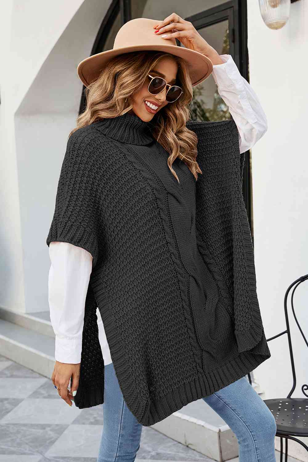 Cable-Knit Turtleneck Slit Sweater