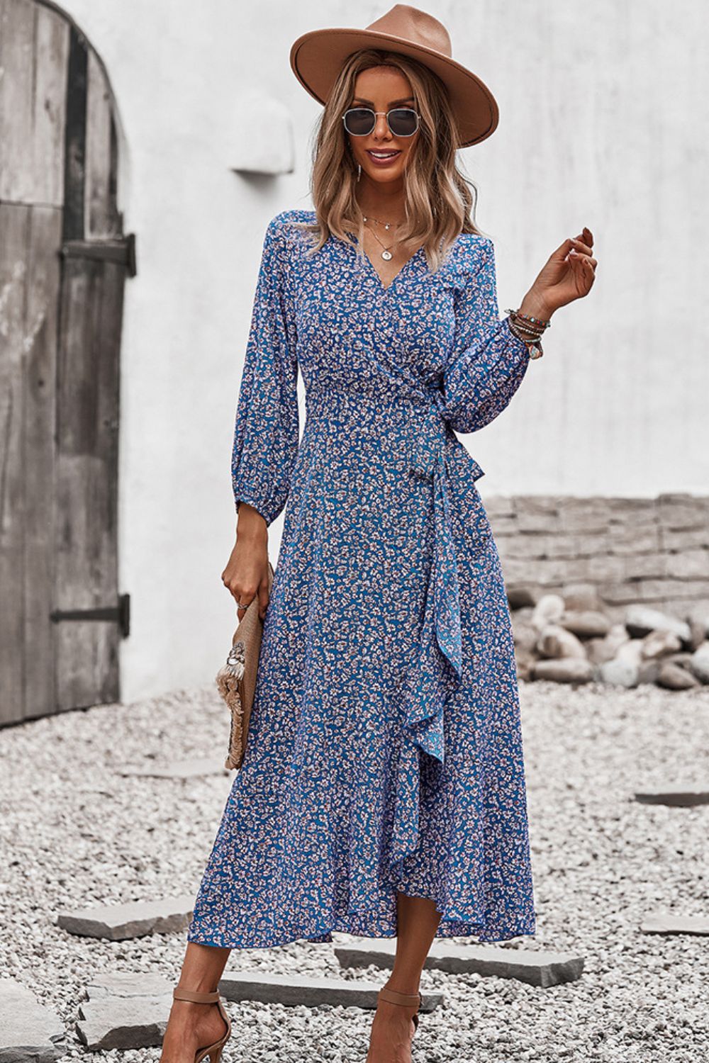 Floral Surplice Neck Long Sleeve Dress - SHIRLYN.CO