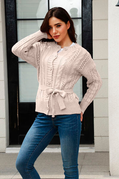 Cable-Knit Button Up Tie Front Knit Top