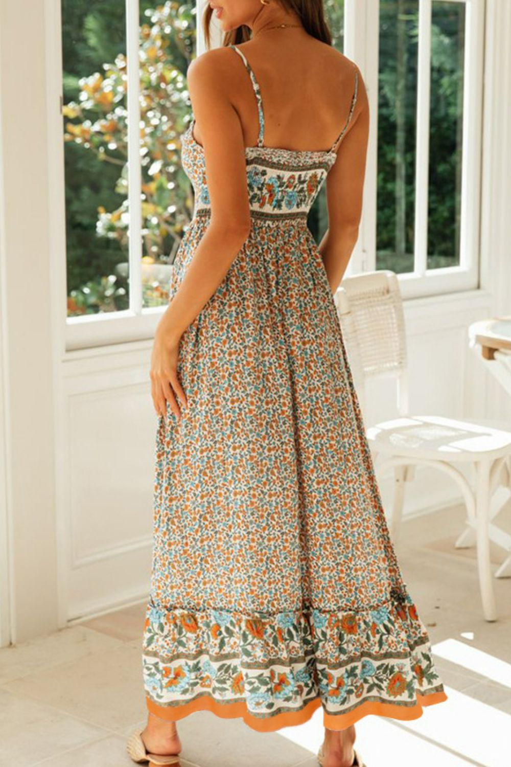 Bohemian Spaghetti Strap Frill Trim Maxi Dress - SHIRLYN.CO