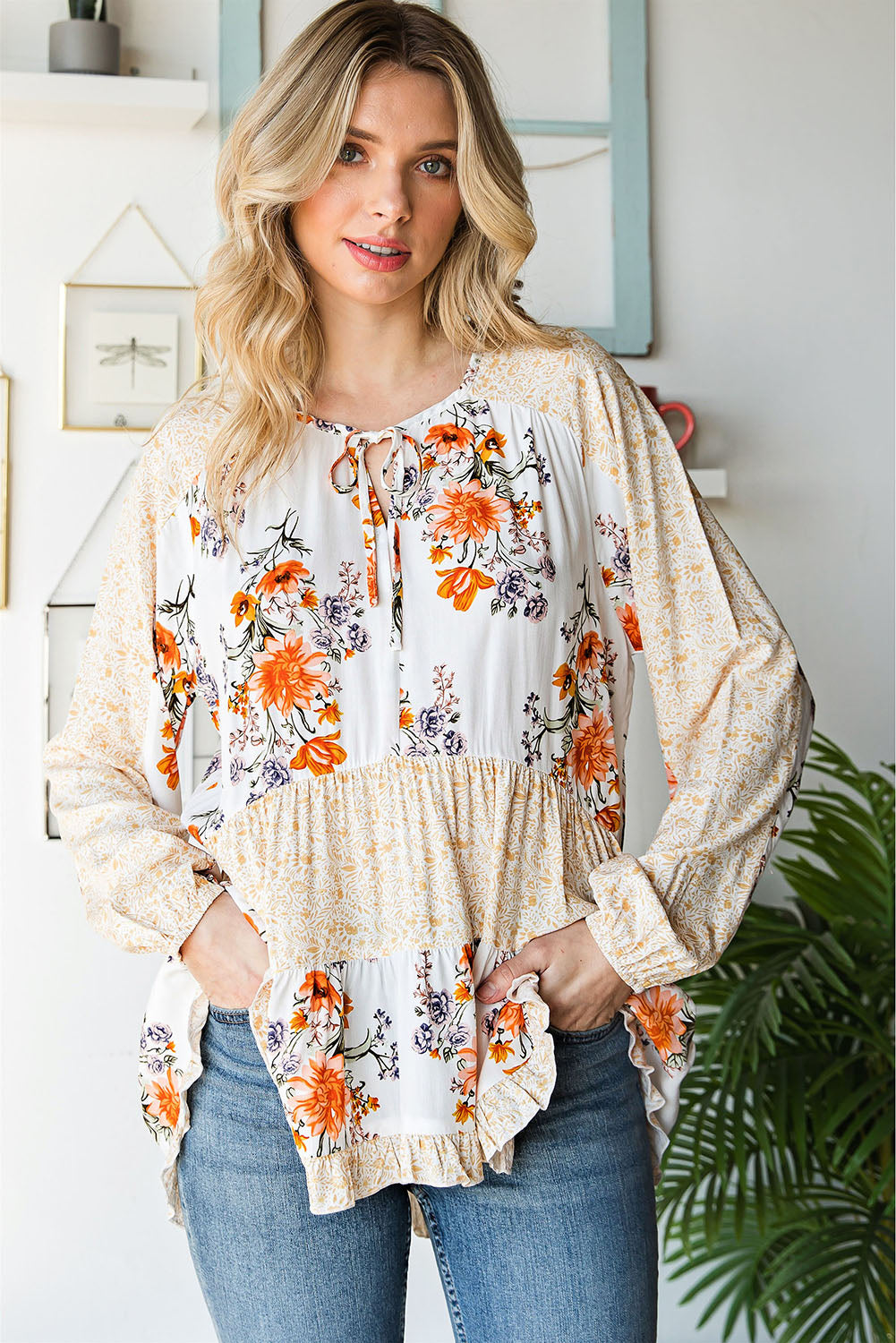 Floral Tie Neck Tiered Blouse - SHIRLYN.CO