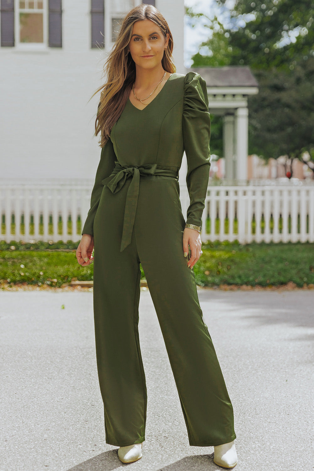 Belted Long Puff Sleeve V-Neck Jumpsuit - SHIRLYN.CO