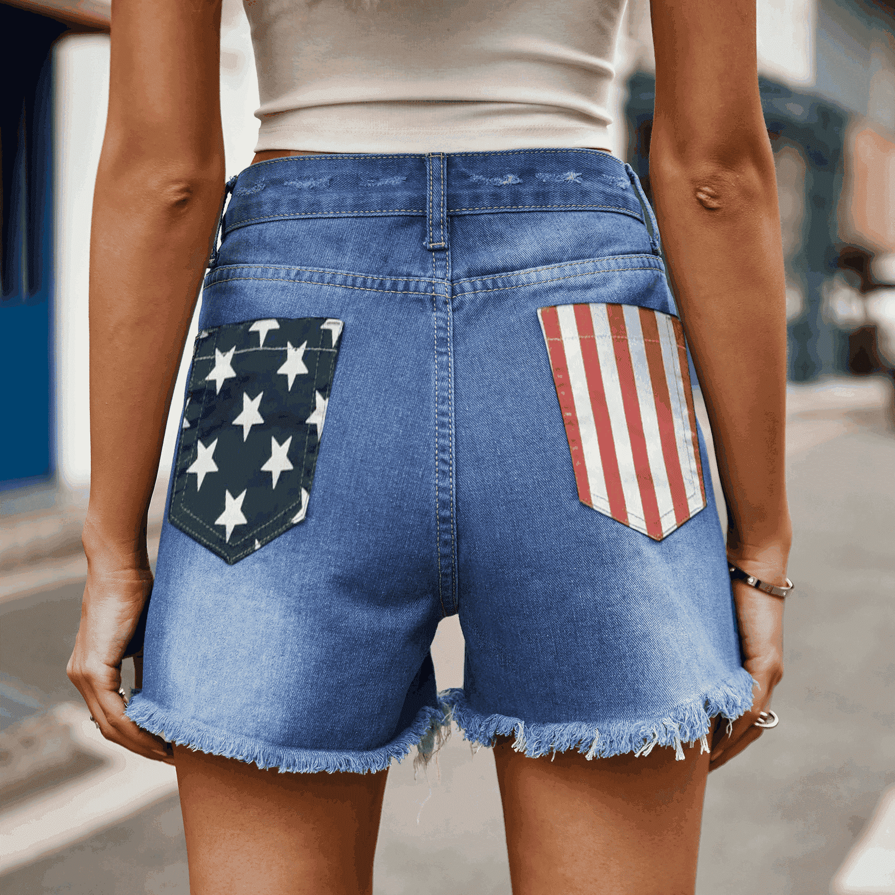 US Flag Distressed Denim Shorts - SHIRLYN.CO