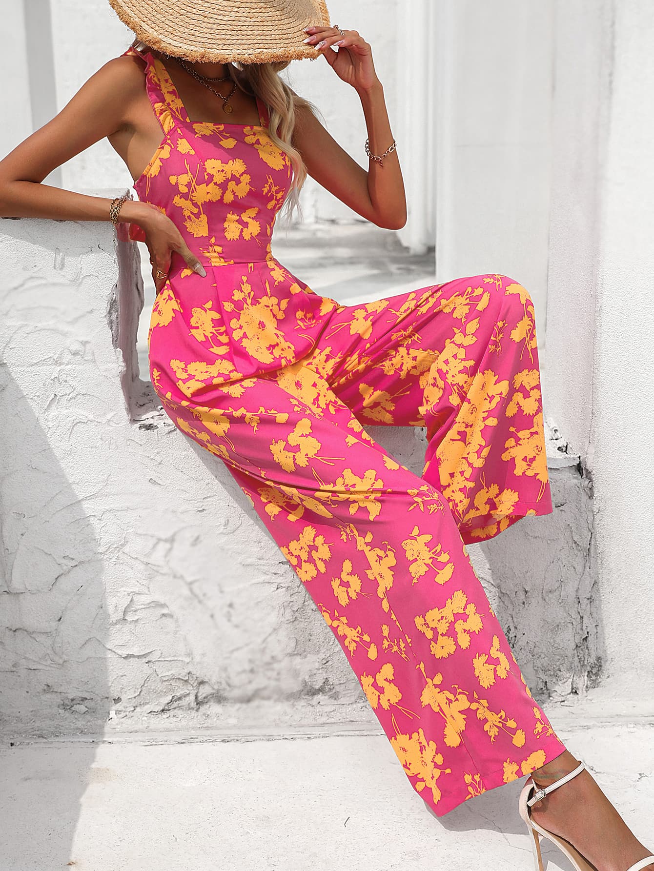 Shirlyn Luxe - Floral Square Neck Cutout Tie Back Jumpsuit - SHIRLYN.CO