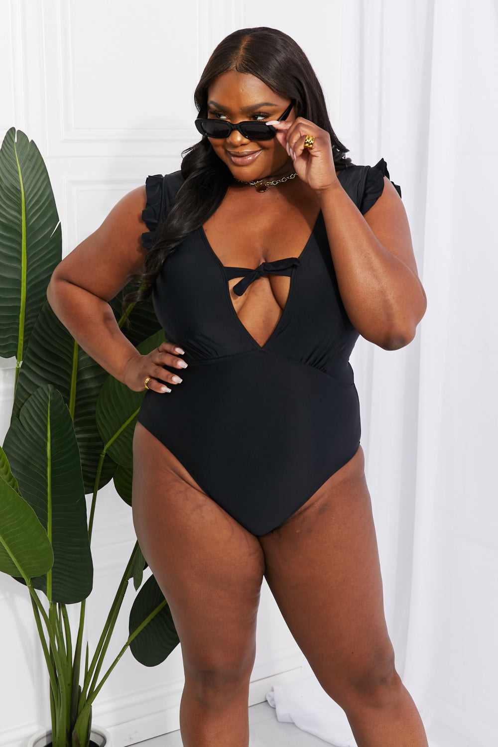 Marina West Swim Seashell Ruffle Sleeve One-Piece in Black - SHIRLYN.CO