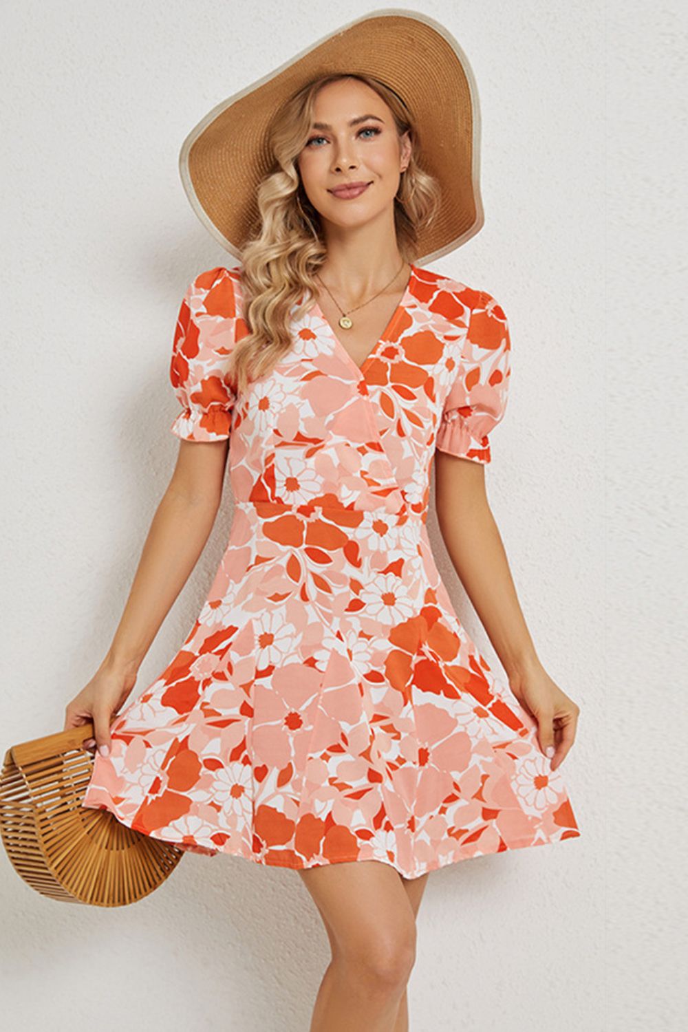 Floral Surplice Neck Flounce Sleeve Dress - SHIRLYN.CO