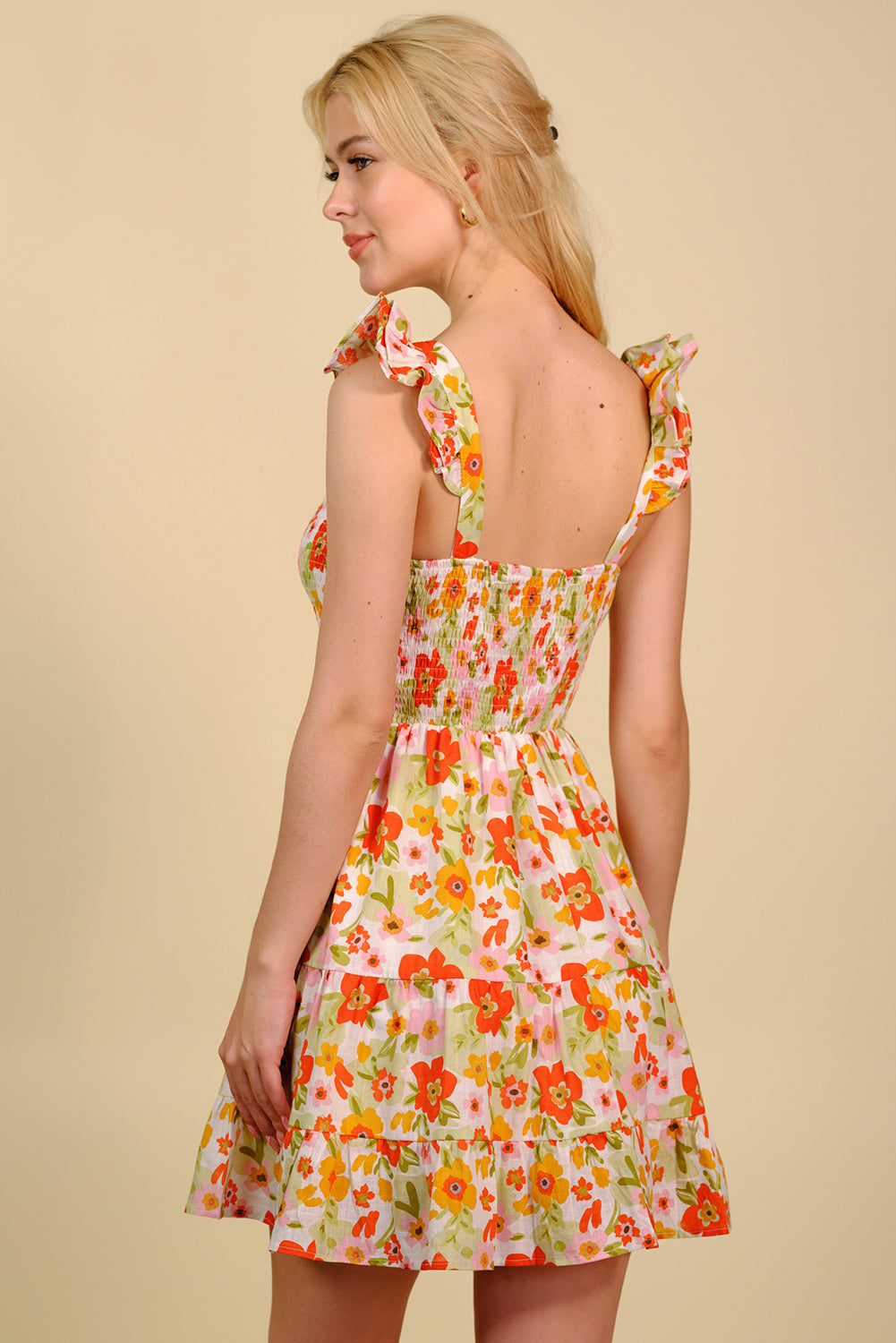 Floral Smocked Square Neck Mini Dress - SHIRLYN.CO