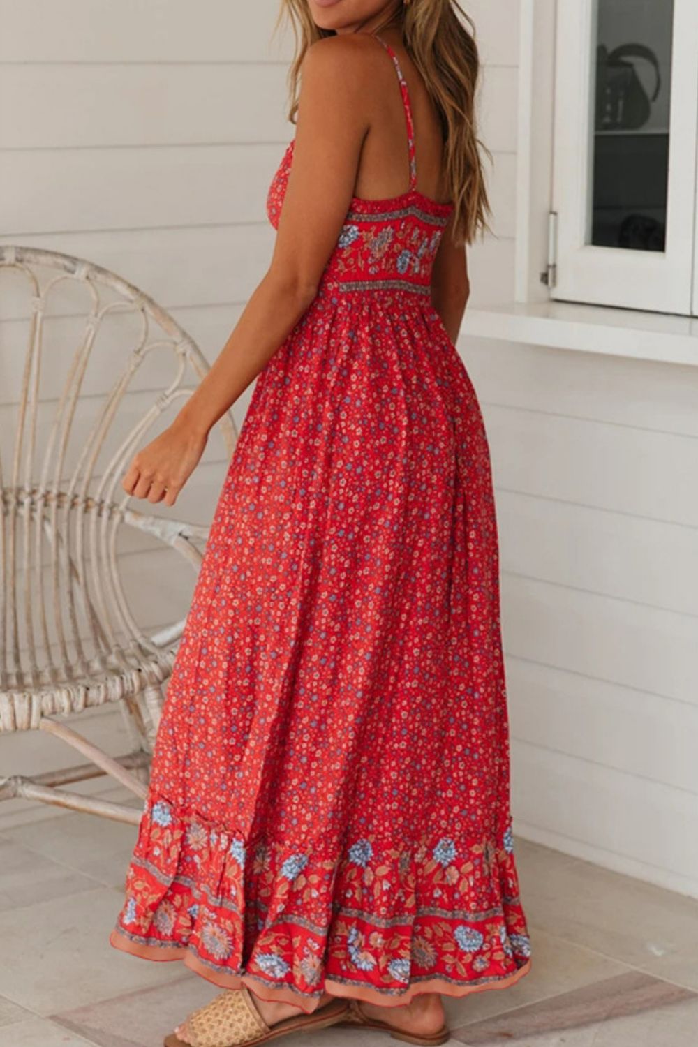 Bohemian Spaghetti Strap Frill Trim Maxi Dress - SHIRLYN.CO