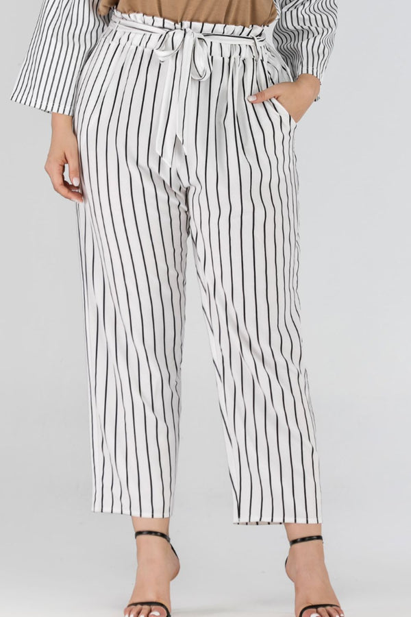 Full Size Striped Paperbag Waist Cropped Pants - SHIRLYN.CO