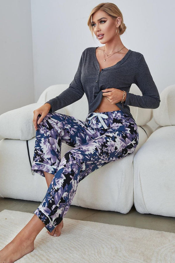 V-Neck Henley Top and Floral Pants Lounge Set - SHIRLYN.CO