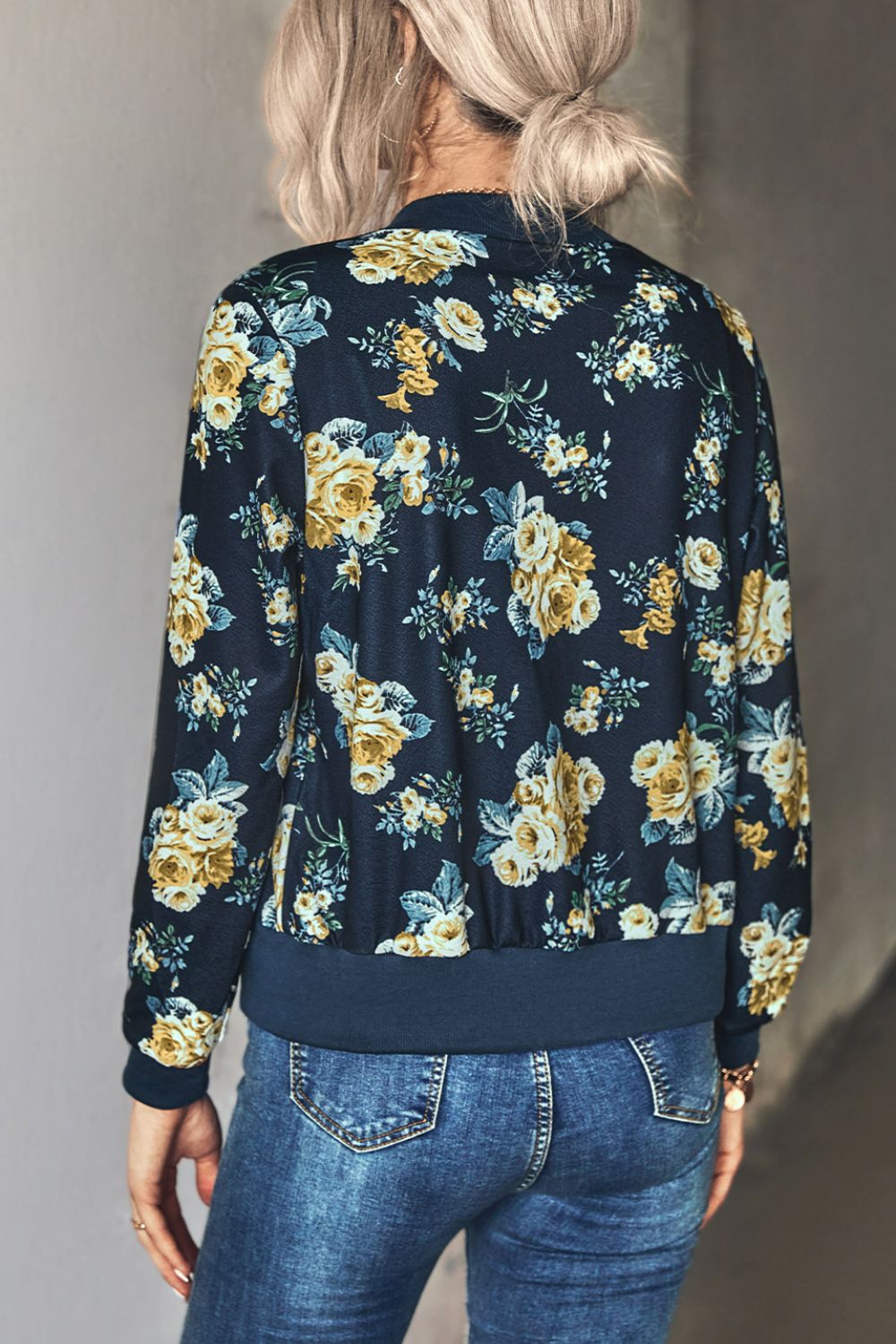 Floral Zip Up Ribbed Trim Bomber Jacket - SHIRLYN.CO