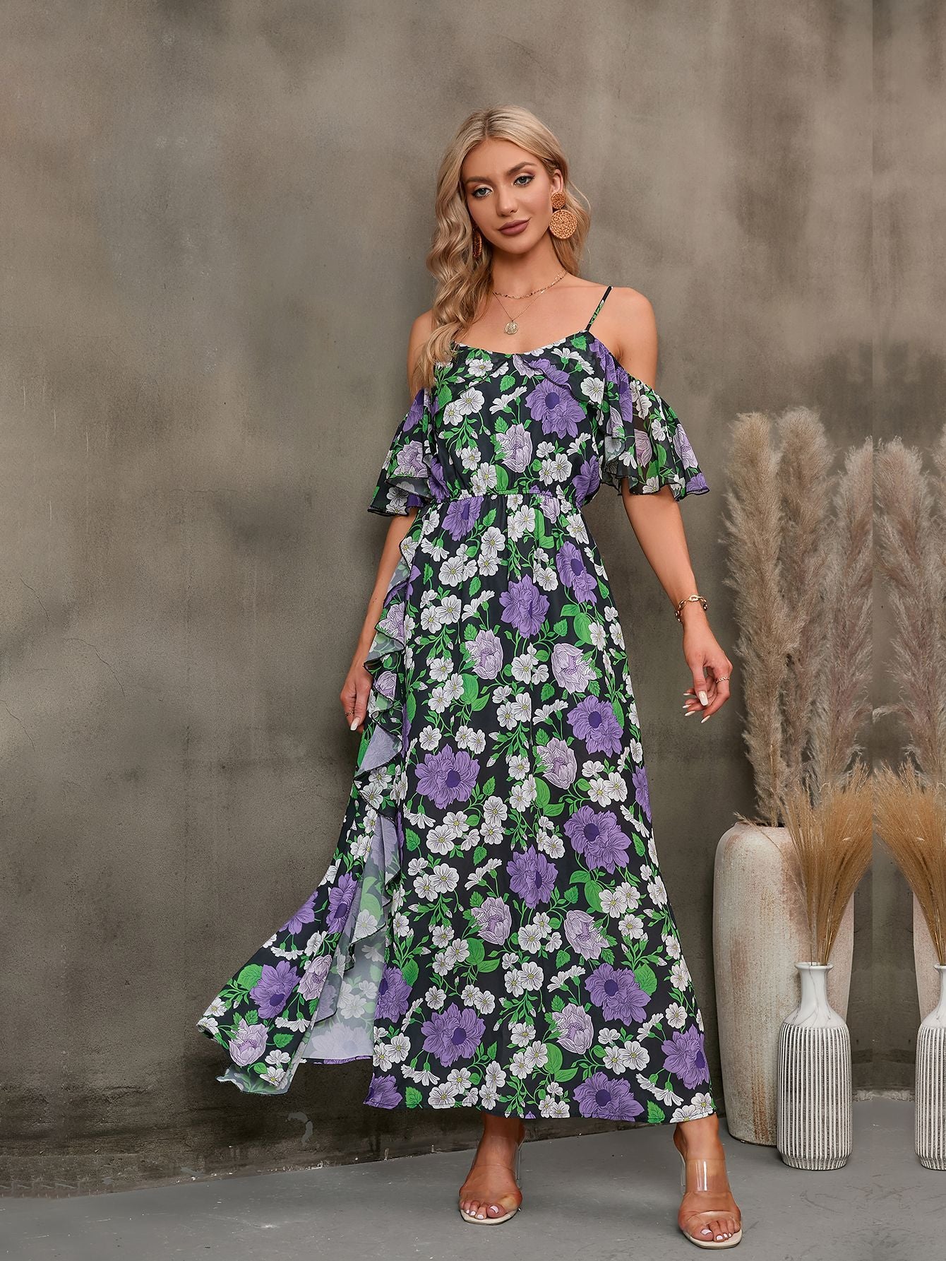 Floral Spaghetti Strap Cold-Shoulder Slit Maxi Dress - SHIRLYN.CO