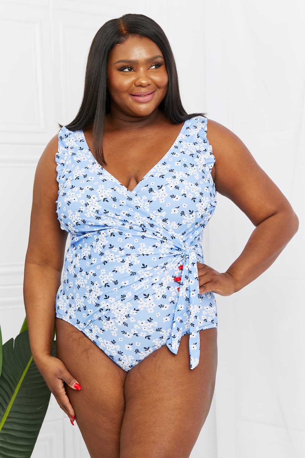 Marina West Swim Full Size Float On Ruffle Faux Wrap One-Piece in Blossom Blue - SHIRLYN.CO