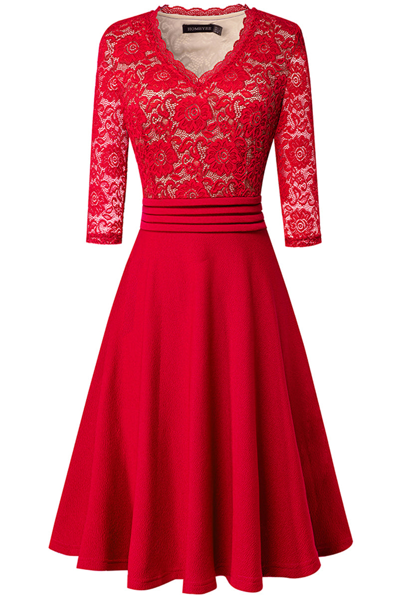 Editor's Choice: Shirlyn's Elegance in Lace: V-Neck Knee-Length Dress with Delicate Details