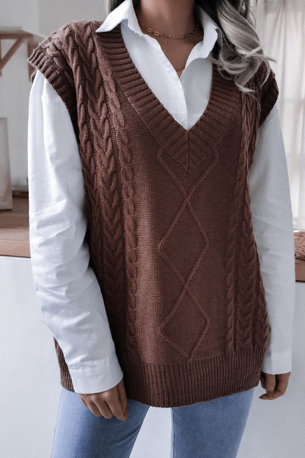 Cable-Knit Ribbed V-Neck Sweater Vest - SHIRLYN.CO